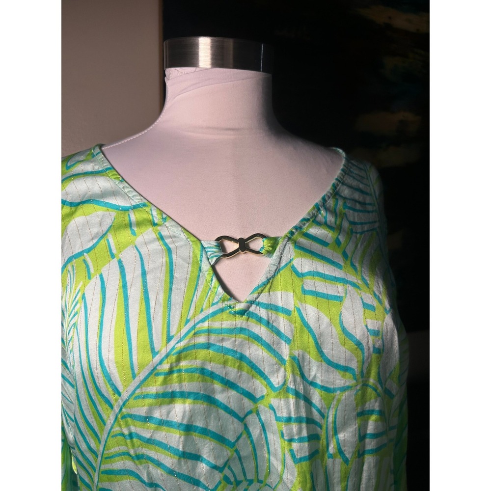 Boston Proper Tropical Palm Leaf Metallic Stripe V-Neck Blouse Green Blue M - Picture 3 of 8
